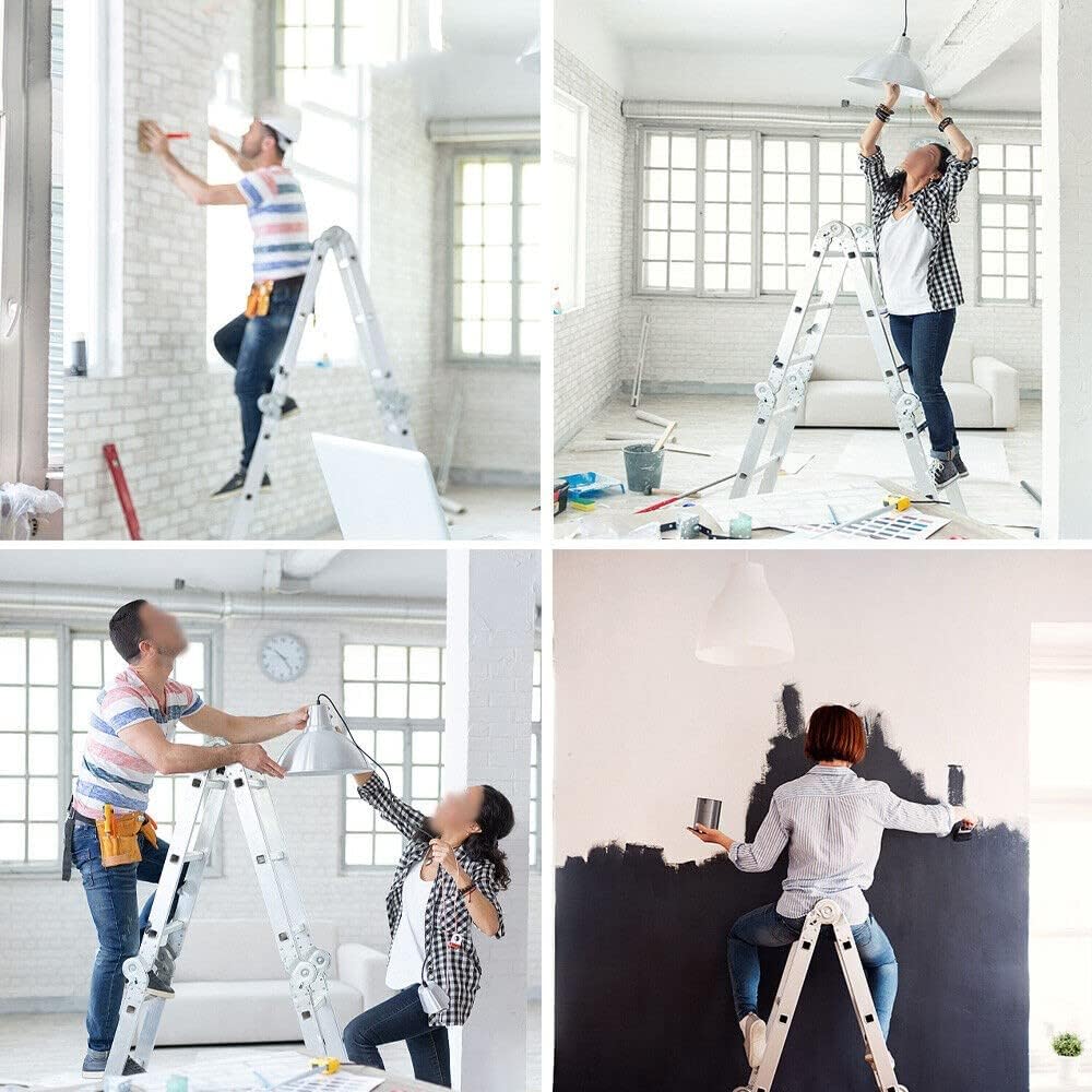 2.6M Folding Ladder 7 in 1 Aluminum Folding Step Ladders, Multi Purpose Ladder with Anti-Skid Pedal,Tall Ladder for Home Stairs Roof Warehouse 330 lbs