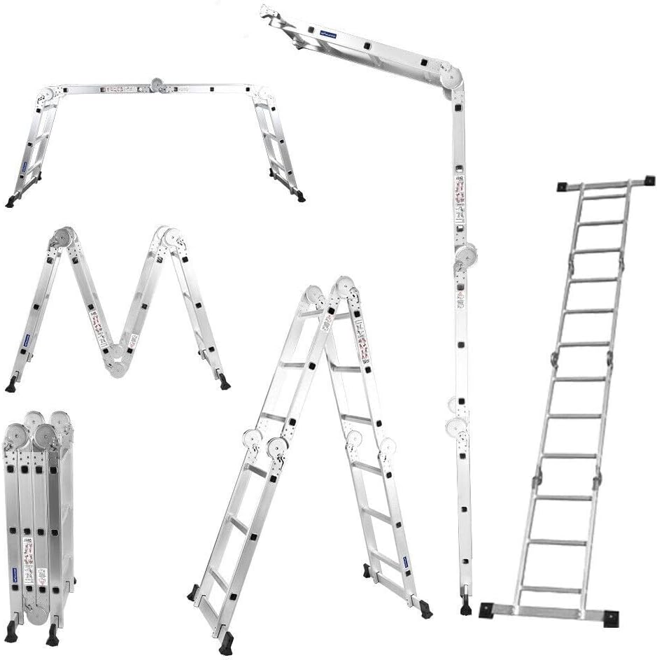 2.6M Folding Ladder 7 in 1 Aluminum Folding Step Ladders， Multi Purpose Ladder with Anti-Skid Pedal，Tall Ladder for Home Stairs Roof Warehouse 330 lbs