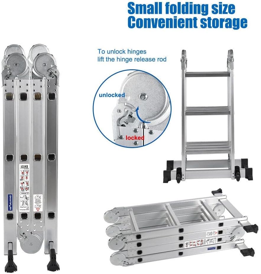 2.6M Folding Ladder 7 in 1 Aluminum Folding Step Ladders， Multi Purpose Ladder with Anti-Skid Pedal，Tall Ladder for Home Stairs Roof Warehouse 330 lbs