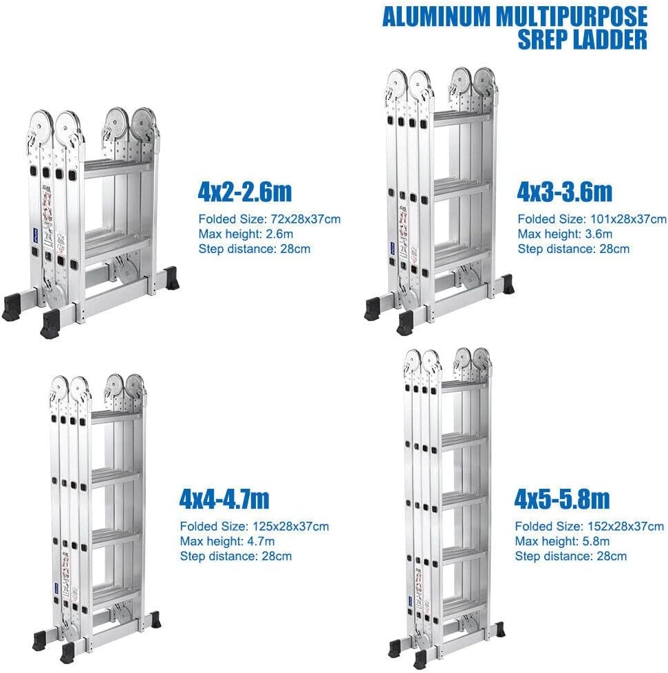 2.6M Folding Ladder 7 in 1 Aluminum Folding Step Ladders， Multi Purpose Ladder with Anti-Skid Pedal，Tall Ladder for Home Stairs Roof Warehouse 330 lbs