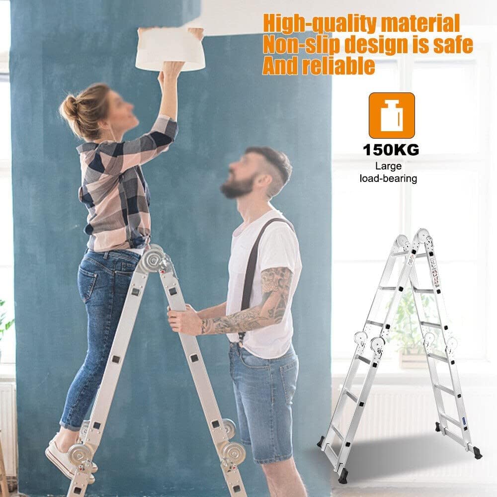 2.6M Folding Ladder 7 in 1 Aluminum Folding Step Ladders， Multi Purpose Ladder with Anti-Skid Pedal，Tall Ladder for Home Stairs Roof Warehouse 330 lbs