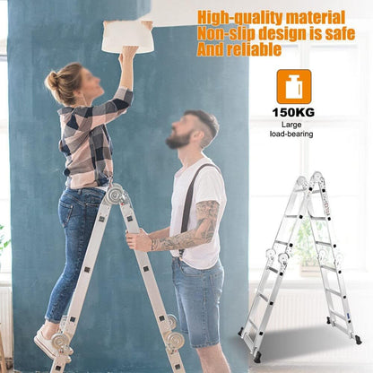 2.6M Folding Ladder 7 in 1 Aluminum Folding Step Ladders， Multi Purpose Ladder with Anti-Skid Pedal，Tall Ladder for Home Stairs Roof Warehouse 330 lbs