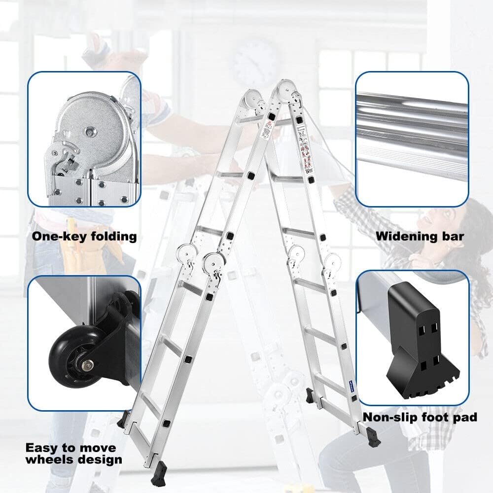 2.6M Folding Ladder 7 in 1 Aluminum Folding Step Ladders， Multi Purpose Ladder with Anti-Skid Pedal，Tall Ladder for Home Stairs Roof Warehouse 330 lbs