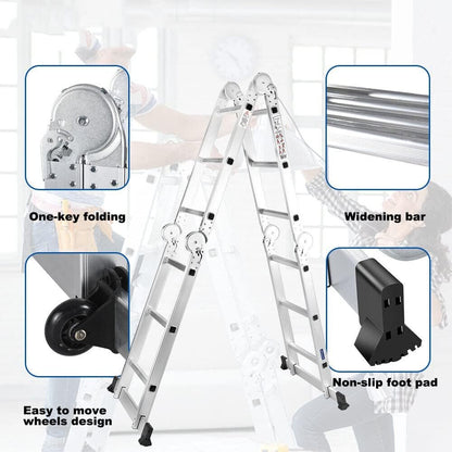 2.6M Folding Ladder 7 in 1 Aluminum Folding Step Ladders， Multi Purpose Ladder with Anti-Skid Pedal，Tall Ladder for Home Stairs Roof Warehouse 330 lbs