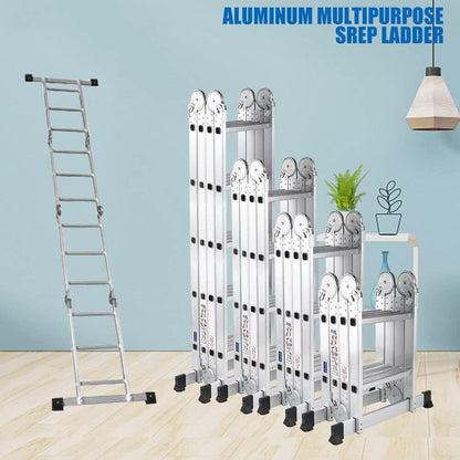 2.6M Folding Ladder 7 in 1 Aluminum Folding Step Ladders， Multi Purpose Ladder with Anti-Skid Pedal，Tall Ladder for Home Stairs Roof Warehouse 330 lbs