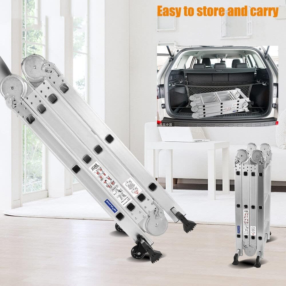 2.6M Folding Ladder 7 in 1 Aluminum Folding Step Ladders， Multi Purpose Ladder with Anti-Skid Pedal，Tall Ladder for Home Stairs Roof Warehouse 330 lbs