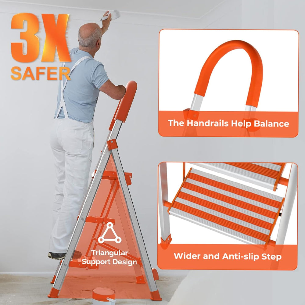 Step Ladders – 3/4 Step Stool, Foldable Aluminum Ladder with Anti-Slip Rubber Hand Grip, 350 lbs Capacity