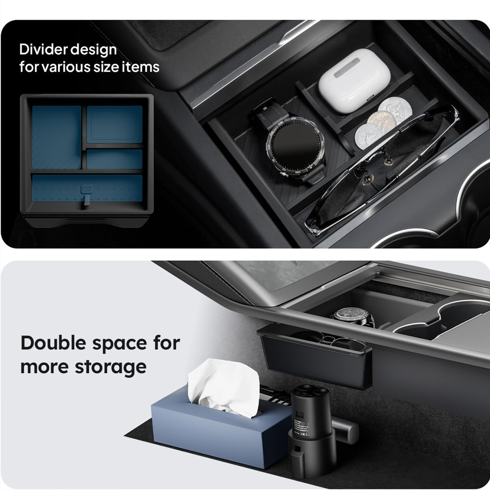 Tesla Model 3 & Model Y Center Console Organizer – Juniper 4-Piece Double Layer Storage, Silent Slide & Cup Holder Friendly (2024–2026)