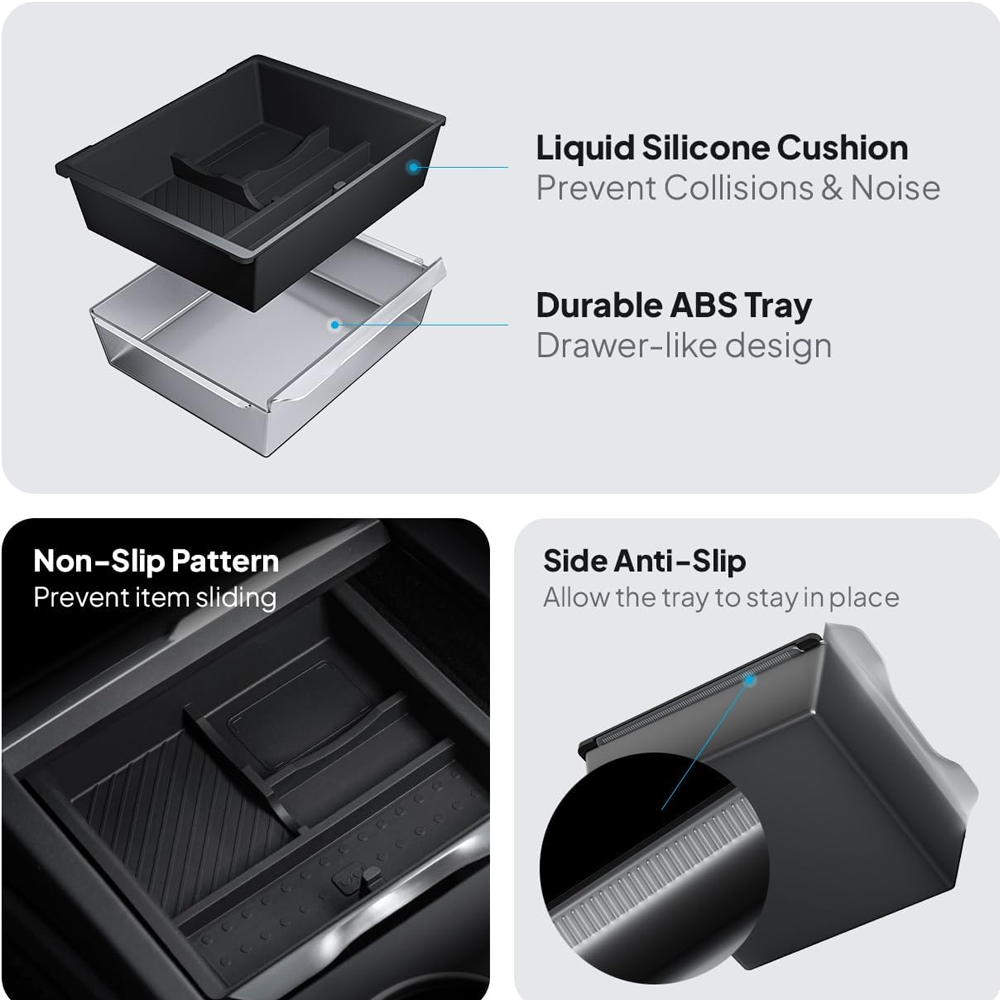 Tesla Model 3 & Model Y Center Console Organizer – Juniper 4-Piece Double Layer Storage, Silent Slide & Cup Holder Friendly (2024–2026)