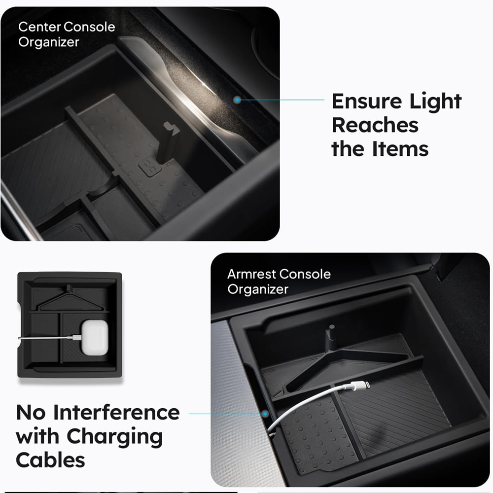 Tesla Model 3 & Model Y Center Console Organizer – Juniper 4-Piece Double Layer Storage, Silent Slide & Cup Holder Friendly (2024–2026)