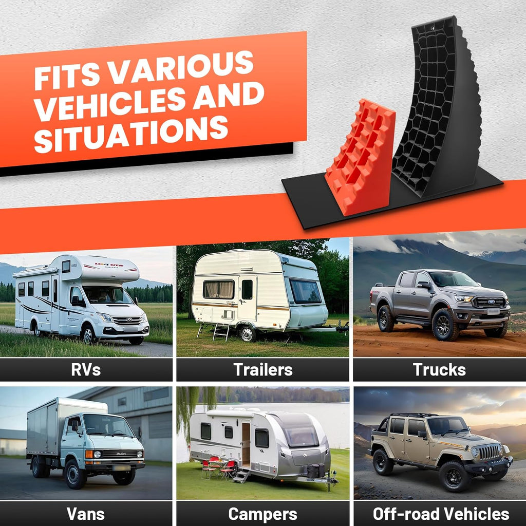 Camper Leveler Premium Kit – 6" Curved RV Leveling System with Wheel Chocks, Rubber Mats & Carry Bag