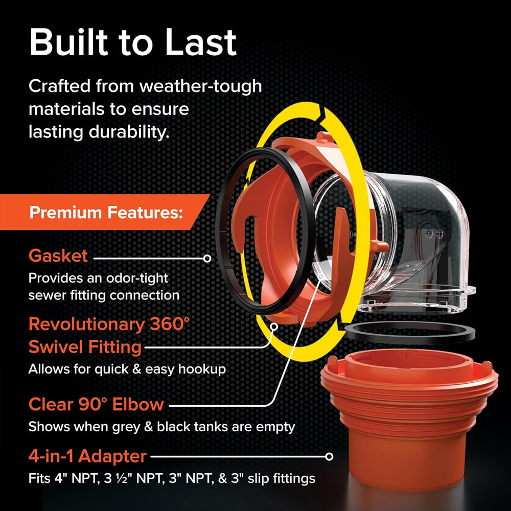 RV Sewer Hose Adapter – Elbow with 360° Rotation & Built-in Gasket | RV Accessories