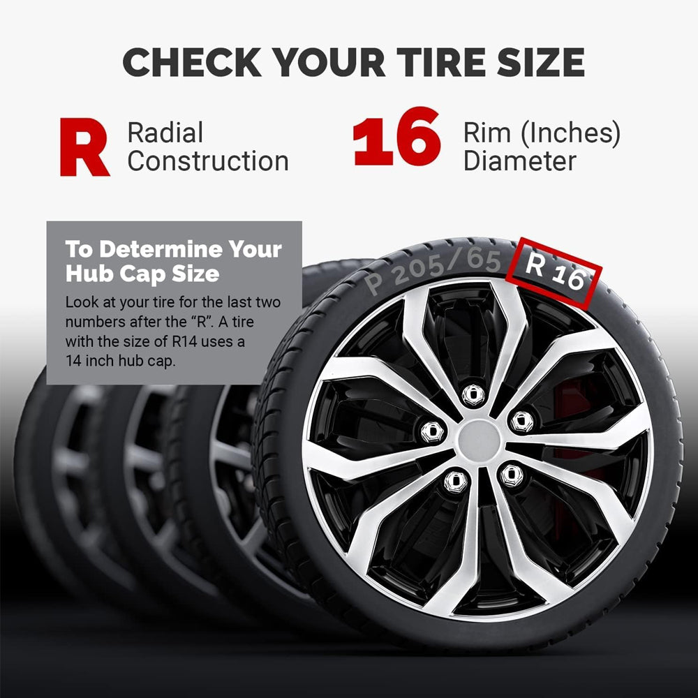 4-Set 16-Inch Spyder Black/Silver Car Wheel Covers – Heavy Duty ABS, Snap-On, Fits Most Cars