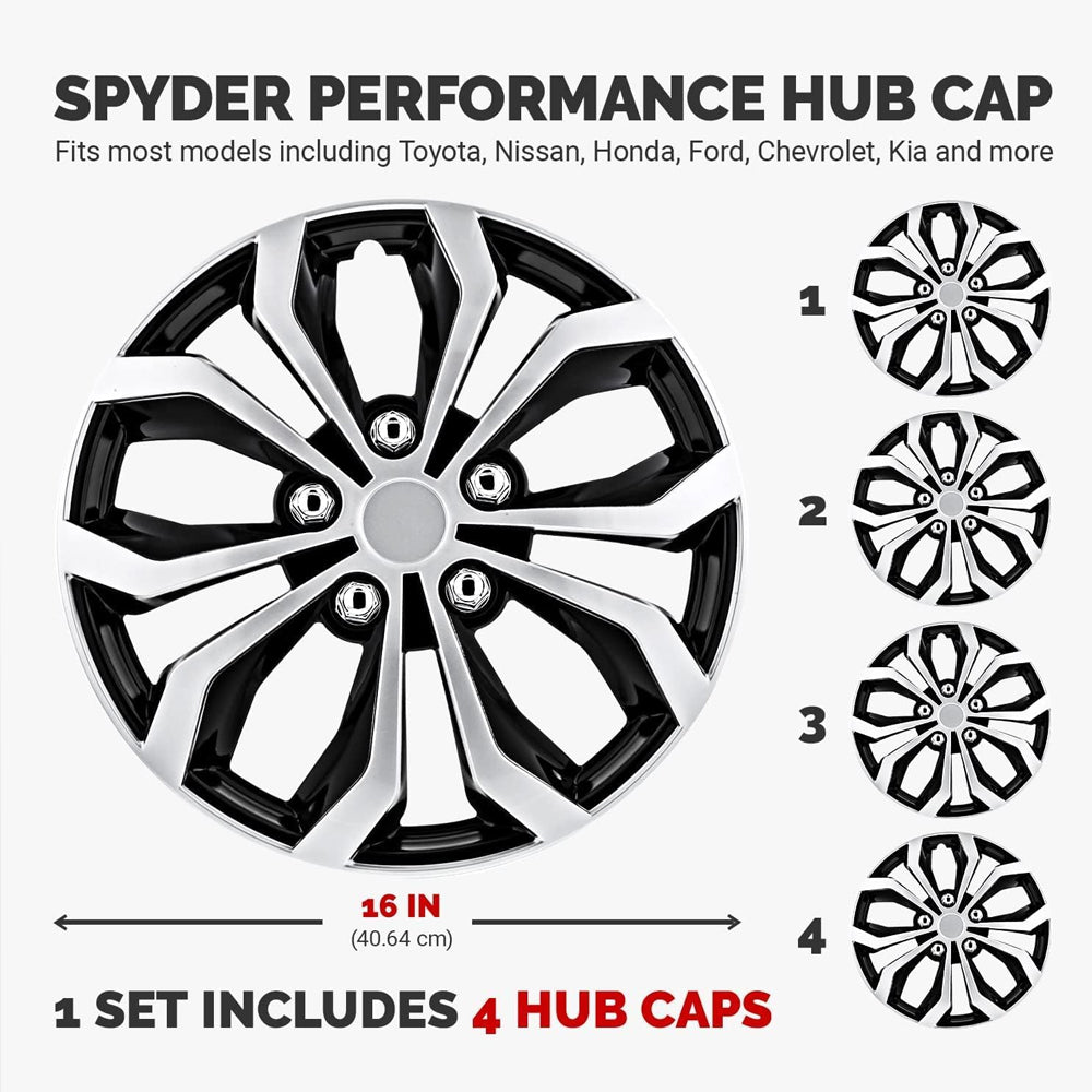 4-Set 16-Inch Spyder Black/Silver Car Wheel Covers – Heavy Duty ABS, Snap-On, Fits Most Cars