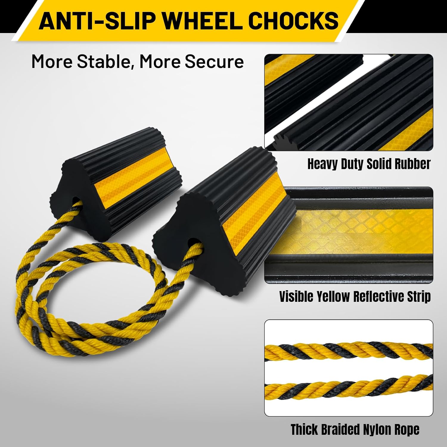 4PCS RV Wheel Chocks – Rubber Tire Chock Blocks with Rope for RV, Camper, Trailer & Truck | RV Accessories