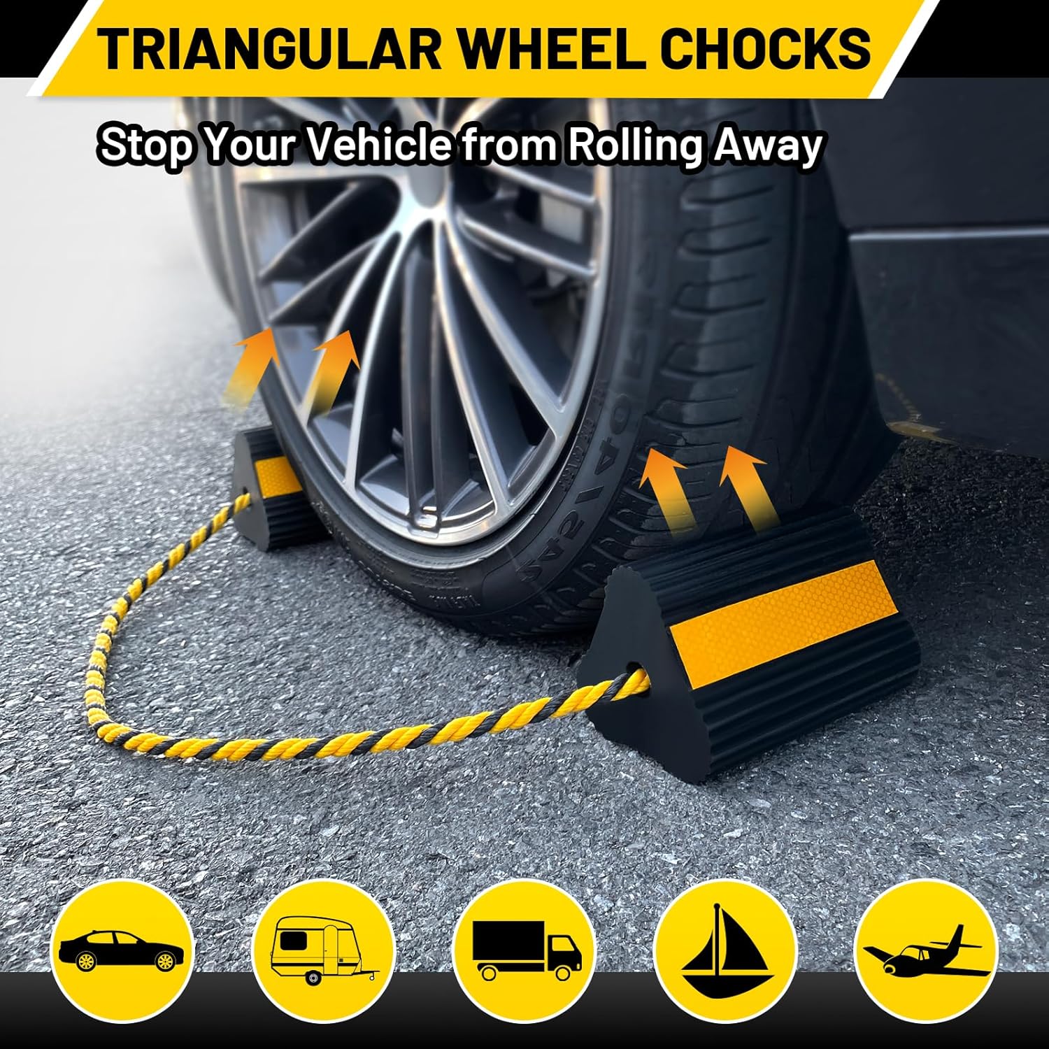 4PCS RV Wheel Chocks – Rubber Tire Chock Blocks with Rope for RV, Camper, Trailer & Truck | RV Accessories