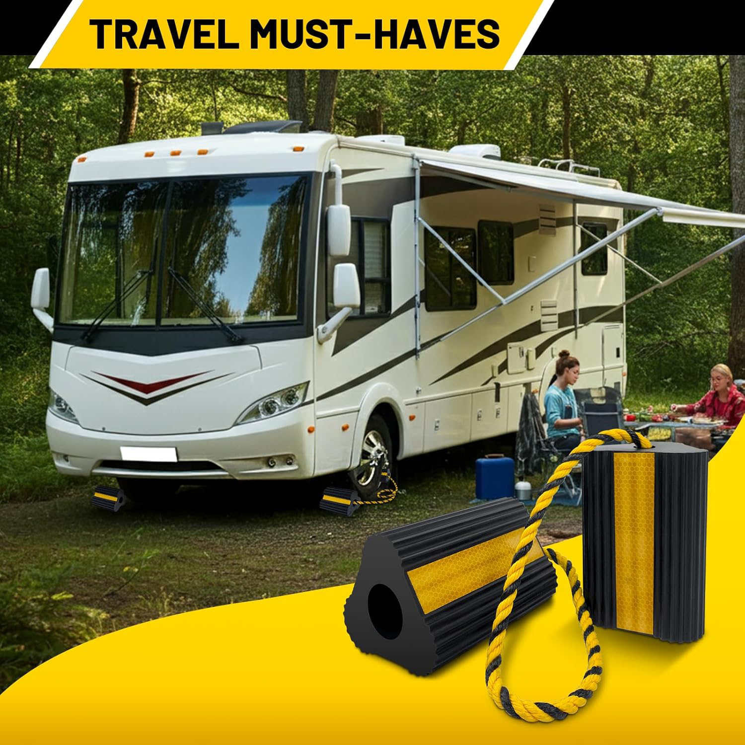 4PCS RV Wheel Chocks – Rubber Tire Chock Blocks with Rope for RV, Camper, Trailer & Truck | RV Accessories